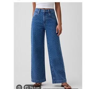 Gap Jeans Textured Quilted High Rise Wide Leg Crop 14L 32L Long Tall Medium Wash
